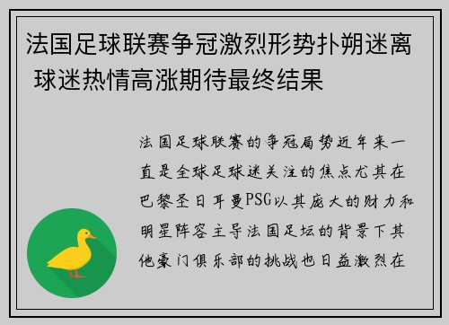 法国足球联赛争冠激烈形势扑朔迷离 球迷热情高涨期待最终结果