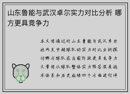 山东鲁能与武汉卓尔实力对比分析 哪方更具竞争力