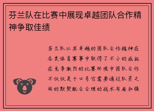 芬兰队在比赛中展现卓越团队合作精神争取佳绩
