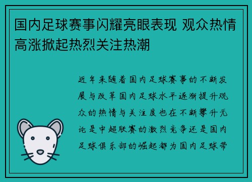 国内足球赛事闪耀亮眼表现 观众热情高涨掀起热烈关注热潮