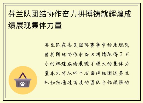 芬兰队团结协作奋力拼搏铸就辉煌成绩展现集体力量